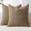 MIULEE Decorative Linen Check Throw Pillow Covers Neutral Farmhouse Vintage Fall Pillow Covers 20x20 Inch Set of 2 Boho Modern Home Decor for Sofa Couch Bedroom Cushion Chair Light Brown