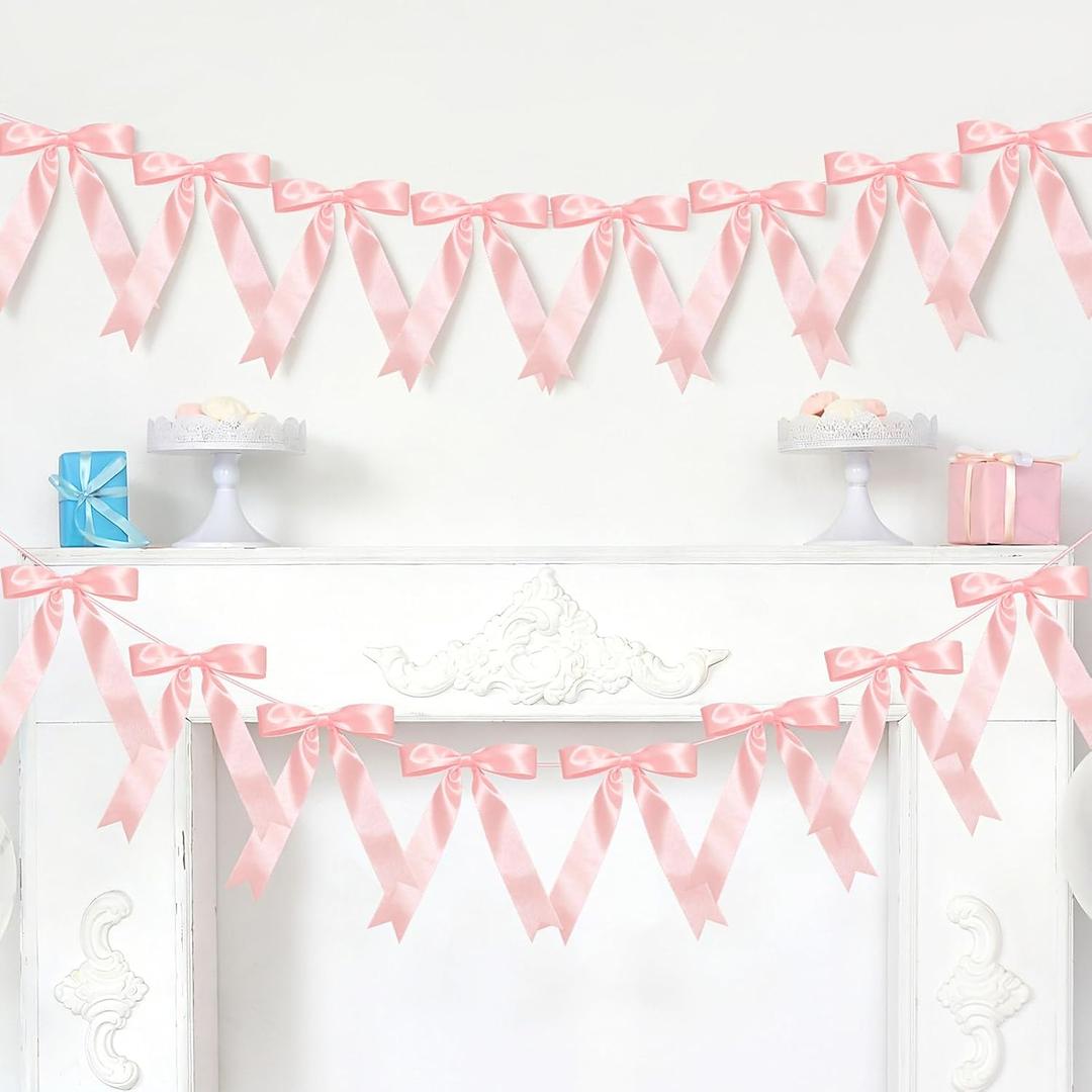 2 Strings of 16PCS Pink Bow Garlands Banner Decoration,Pre-Strung Bow Themed Party Decorations for Birthday,Bachelorette Party,Bridal Shower, Wedding,Engagement,Baby Shower, Graduation Deco