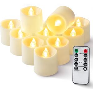 Homemory 400+ Hour Timer Remote Control Flameless Votive Candles, Battery Operated LED Tea Lights in Warm White for Outdoor, Table, Halloween, Christmas-Ivory Base (12 Pack)