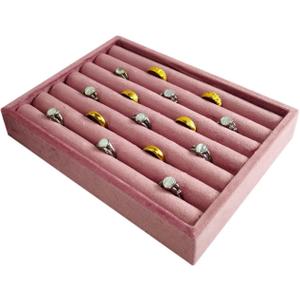 Velvet Ring Organizer Tray, Small Jewelry Storage Holder with Sponge Insert,Earring Rings Trays for Store Display Jewelry Show Home (Pink, 7.9"x5.9"x1.25")