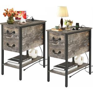 VECELO End Tables,Narrow Nightstands with Charging Station & USB Ports &Drawers,Night Stand for Living Room, Bedroom,Dust Grey, 2 pack