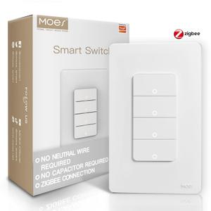 MOES Zigbee Smart Switches 4 Gang, No Neutral Wire, Require MOES Zigbee Hub, Inteligente Single Pole Light Switch, Compatible with Alexa Google Assistant, Support Tuya Smart Life (White)