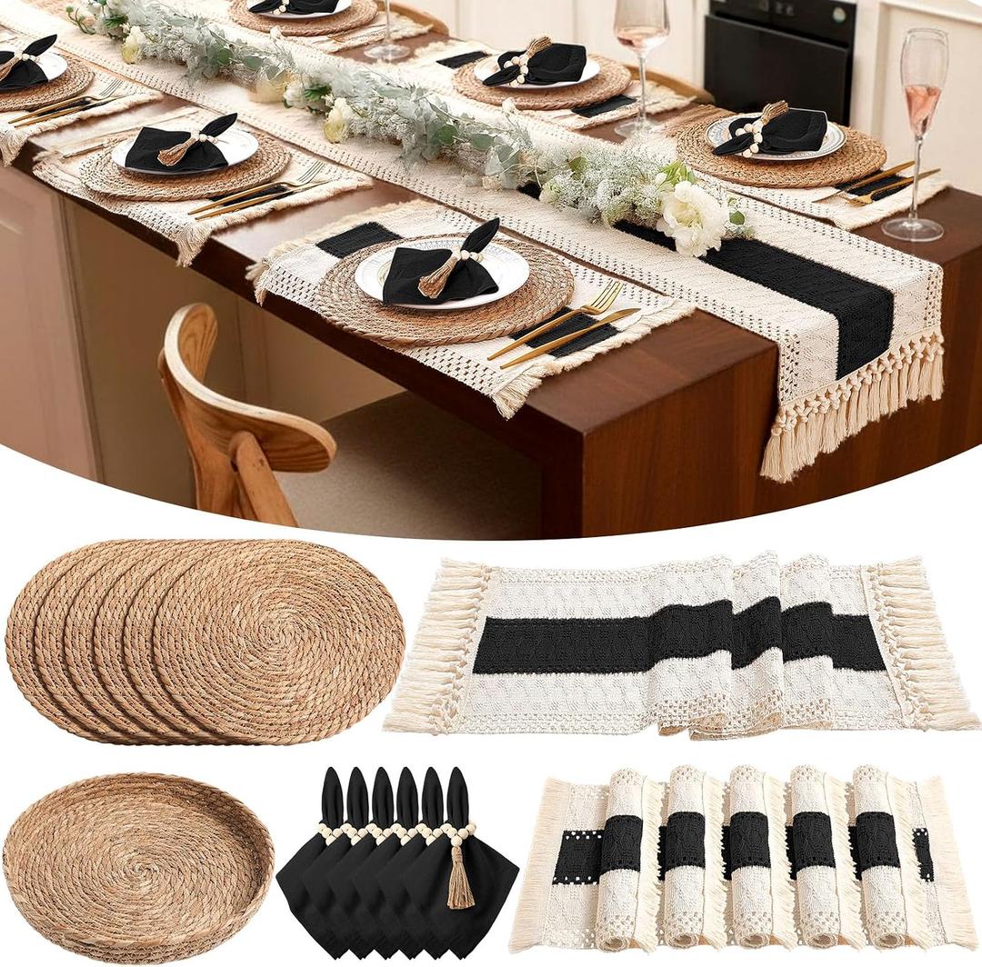 6 Sets Boho Decoration Placemats Round Woven Placemats, Cloth Napkins, Wood Bead Napkin Rings, Long Table Runner and Farmhouse Burlap Cotton for Table Kitchen (Black,12x72)