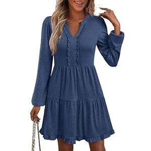 ANRABESS Womens Long Sleeve Dress 2025 Fall Casual V Neck Tiered Flowy Swing Short Mini Dresses Beach Travel Vacation Outfits Small