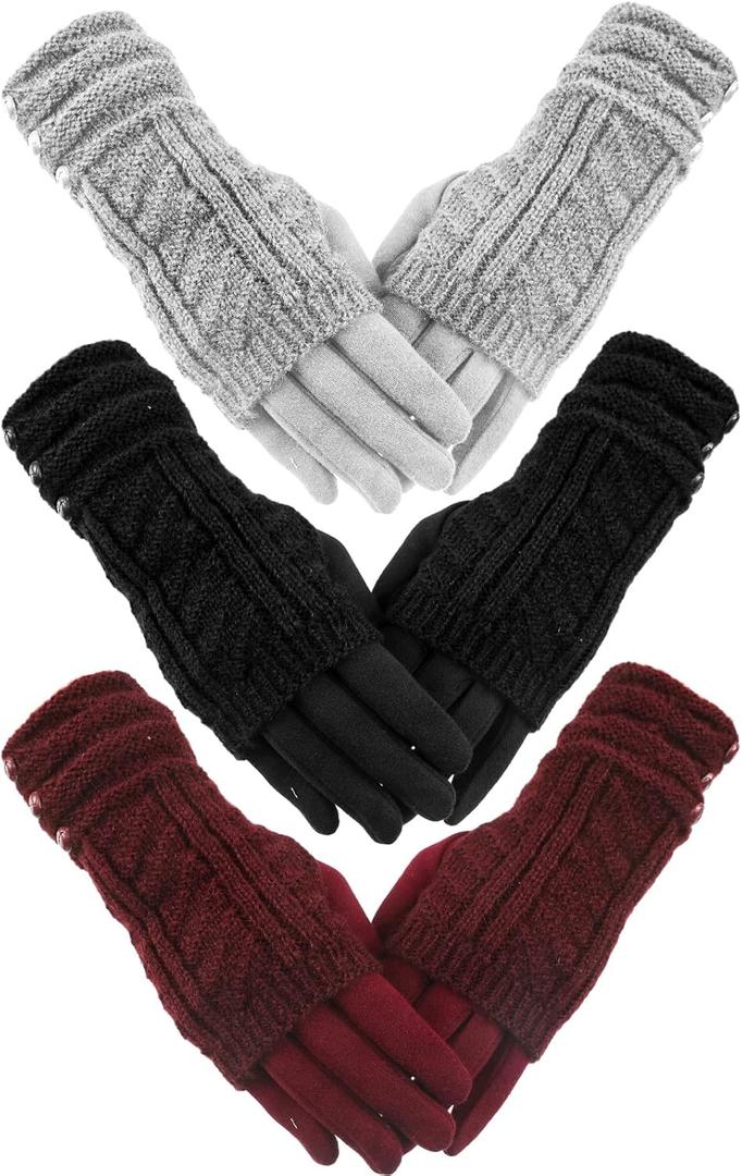 Janmercy 6 Pairs 2in1 Winter Knit Gloves for Women 3 Fingerless Gloves 3 Touchscreen Glove Warm Fleece Mitten for Cold Weather