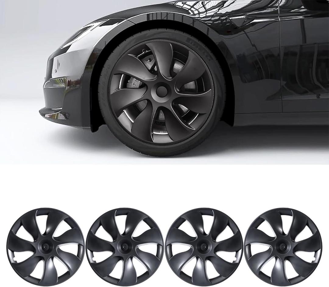 Tesla Model Y Wheel Covers 19 Inch 2020-2024 Uberturbine Tesla Model Y Uberturbine Hubcaps Left-Right Aero Symmetry, Matte Black, Wind Drag Reduction Model Y Accessories with Tire Repair Kit (4 Pack)