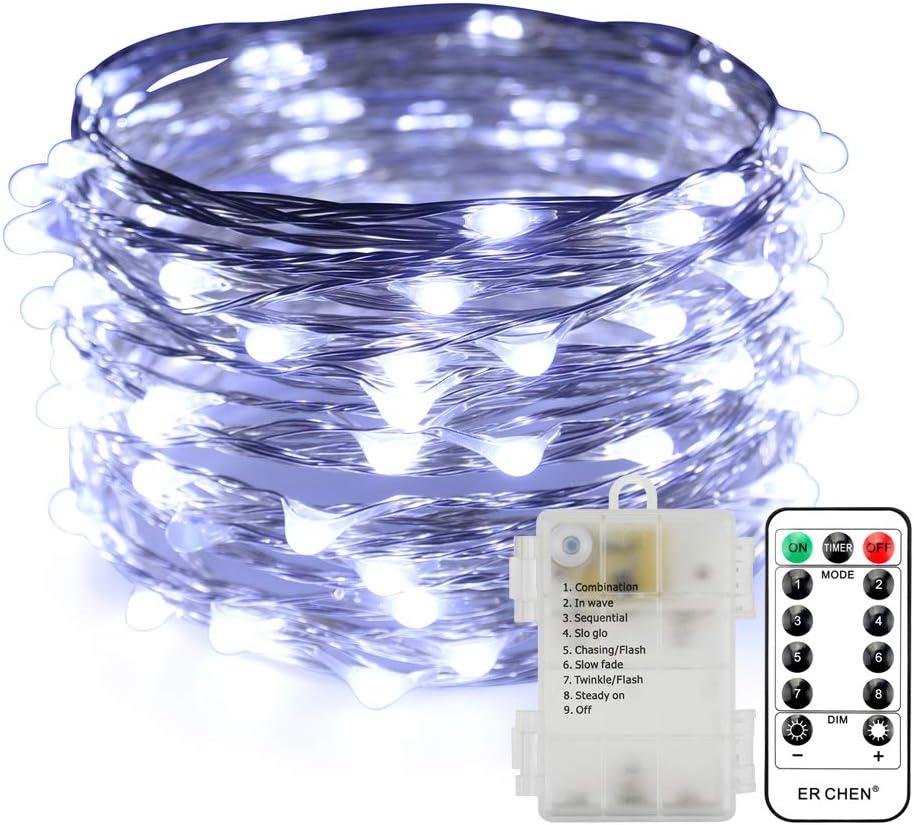 ErChen Battery Operated Silver Copper Wire Led String Lights, 33FT 100 LEDs 8 Modes dimmable Waterproof Fairy Lights with Remote Control Timer for Indoor Outdoor Wedding Bedroom (White)