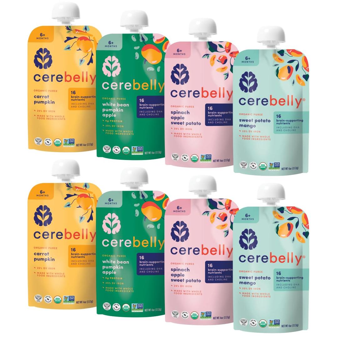 Cerebelly Organic Baby Food Pouches Variety Pack Organic Veggie Purees for Toddlers | No Added Sugar, Fiber, Non-GMO | Blended Toddler Pouches | 4 Ounce BPA-Free Pouch | 4 Flavors | 8 Count, BB Oct 2 2026