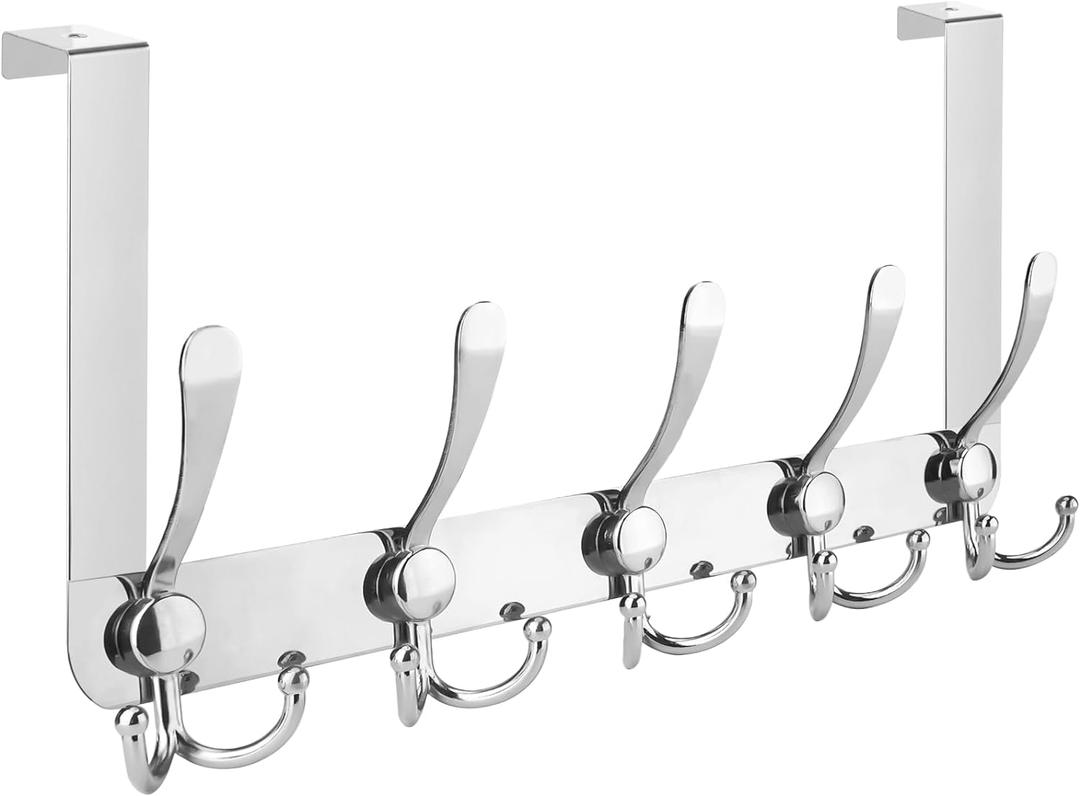 TICONN Over The Door Hooks, 5 Heavy Duty Tri Coat Rack All Metal Coat Hanger for Bathroom Bedroom Dorm (Chrome, 1PK, Fit 1-3/8" Doors)