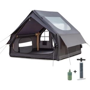 Inflatable Camping Tent, with Electric Air Pump, 4 Season Waterproof Windproof, Clear Skylight & 420D Oxford Waterproof, Air Tent with Mesh Windows/Doors (Grey)