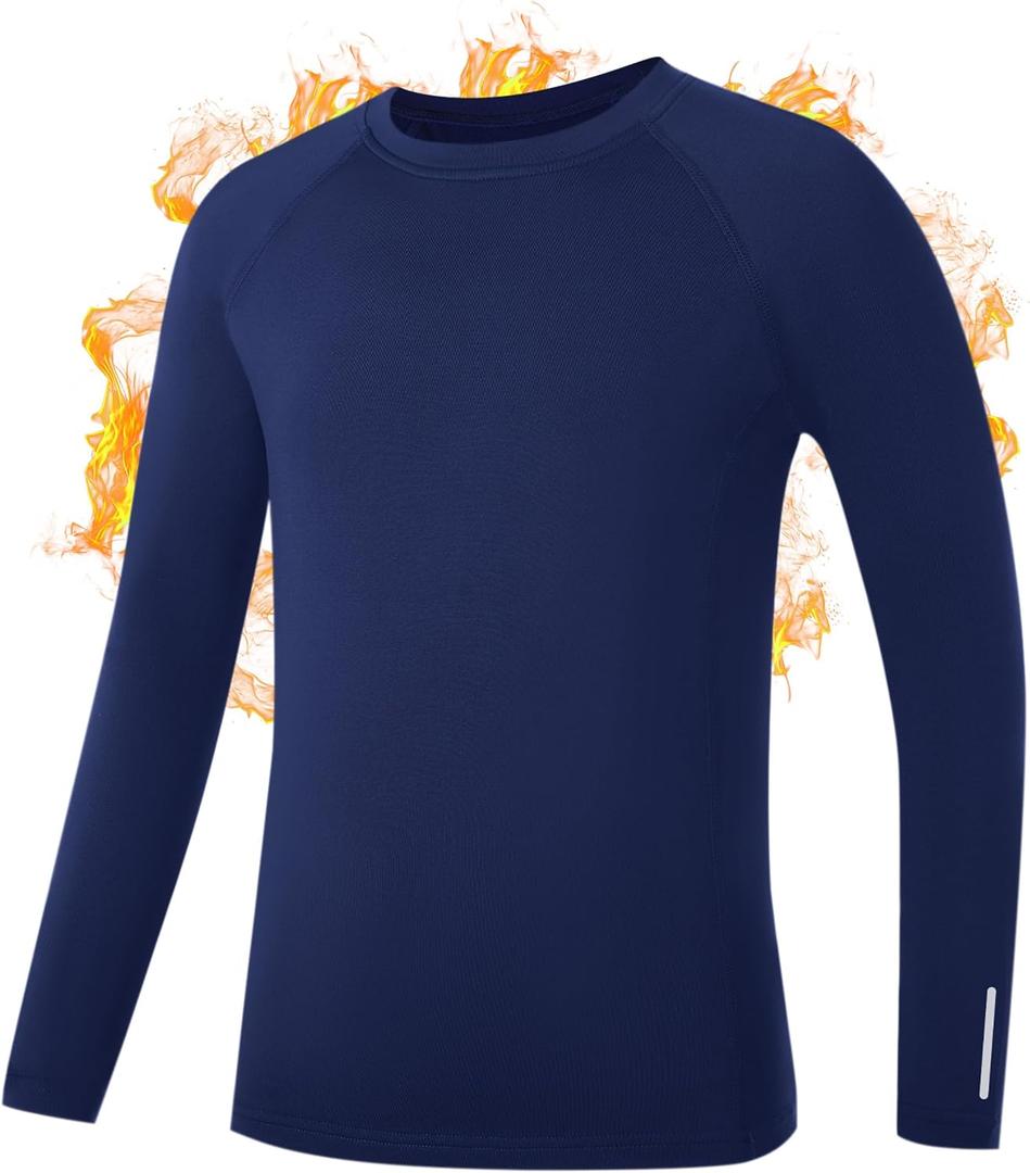 Youth Boys Thermal Compression Shirts, Fleece Lined Long Sleeve Undershirt, Athletic Base Layer Top Soccer Football, M