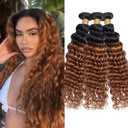 Ombre Light Brown Deep Wave Bundles Human Hair 26 28 30 Inch Brazilian Virgin Hair for Black Women 12A Wet and Wavy Human Hair Weave (Black Ombre Light Brown#T1B/30)