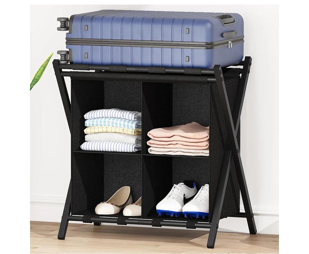 Luggage Rack with storage, Guest Room Folding Suitcase Stands, Holds up to 120 lb, Space Saving Suitcase Holders for guest room, Bedroom Hotel, Black