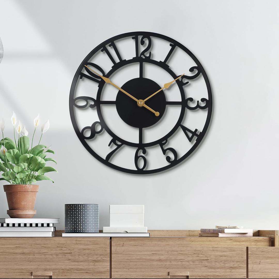 Wall Clock Battery Operated,Silent Non Ticking Modern Rustic Metal Small Clocks for Living Room/Bedroom/Office/Kitchen/Farmhouse Home Decor-10IN(Arabic Number-Black)