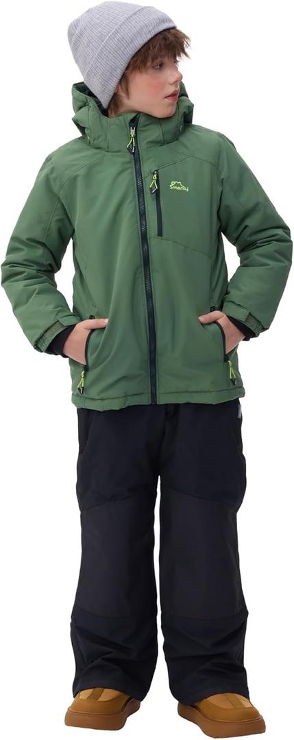 Girls Boys Ski Suit Kids Snowsuits Waterproof Snowboard Elastic Hood Jacket with Bib Pants, Windproof Winter Warmth (14 Years, Green)
