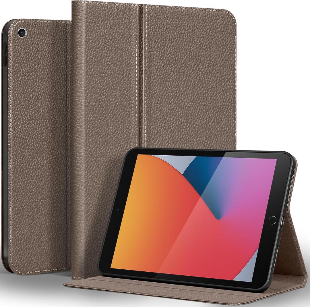 Genuine Cowhide Leather Case for iPad 10.2 inch 7th/8th/9th Gen (2019-2021) - Dual Angle Stand, Auto Wake/Sleep, Folio Cover with Magnetic Closure, Gray Brown