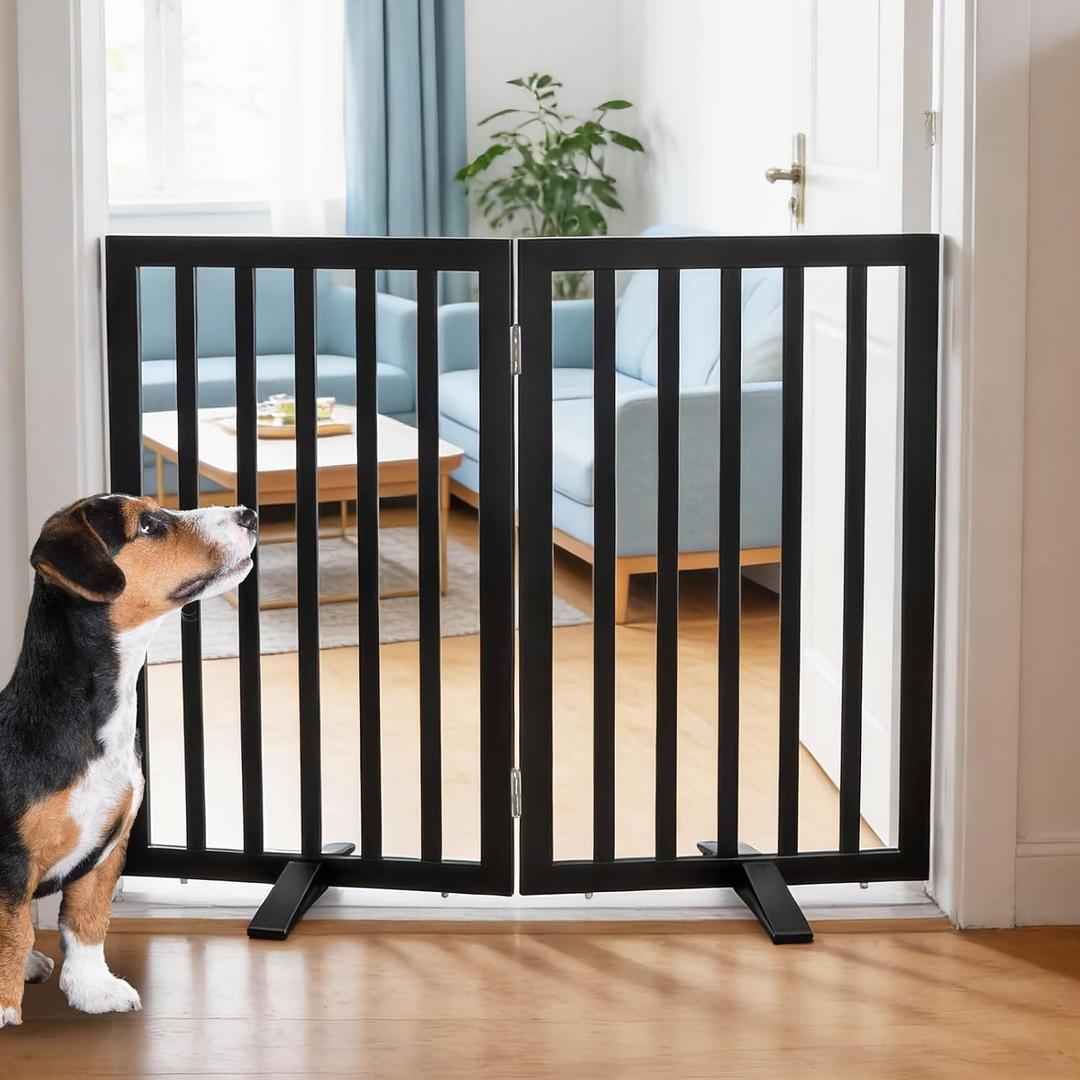 Dog Gate Indoor, Freestanding Dog Fence for The House, Doorways, Hallways,or Stairs,Pet Gate Foldable Wooden,Expandable 32" Height 2 Panels,Black, 2 Panels 40‘’W x 32''H