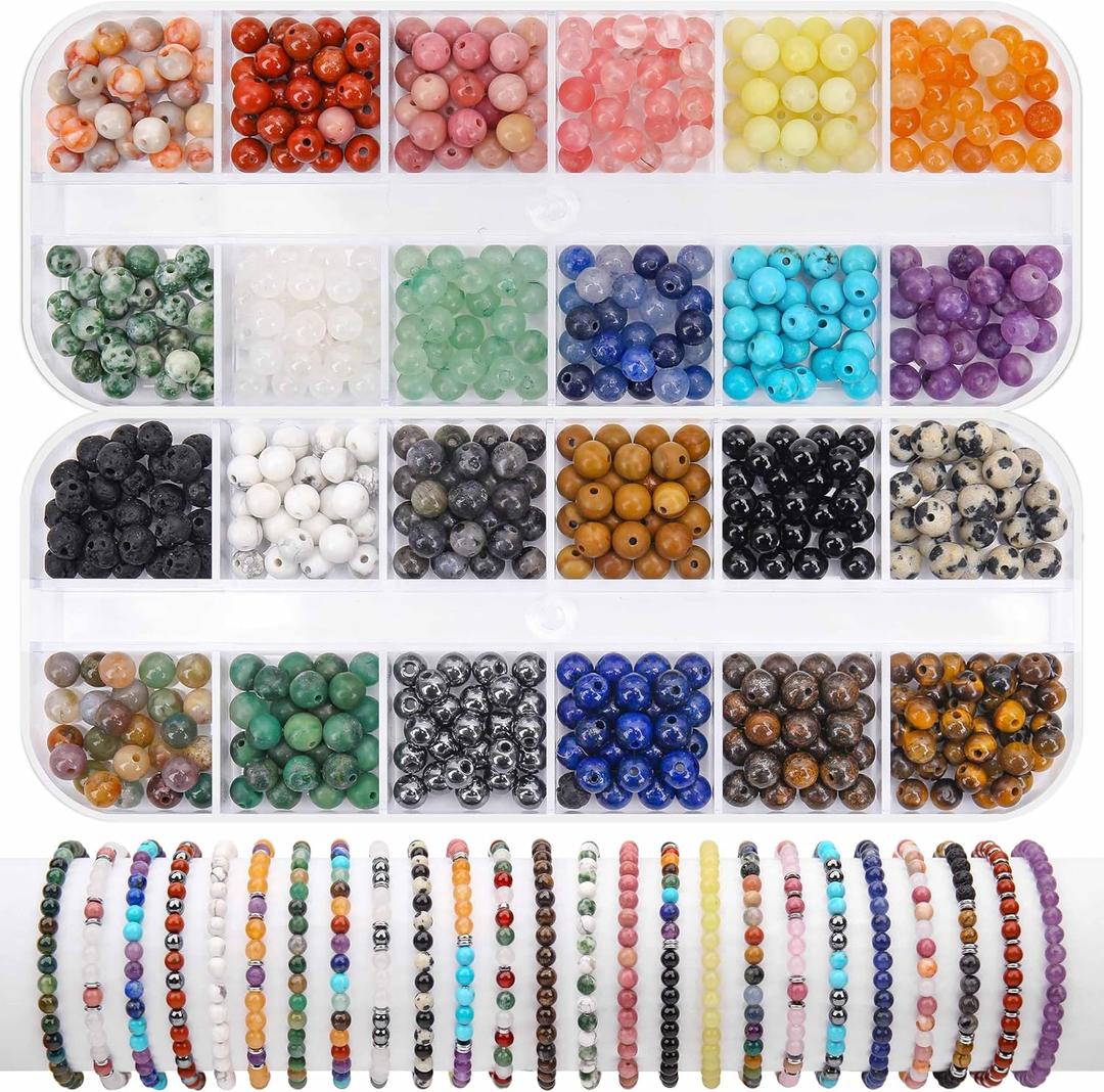 600pcs Natural Round Stone Beads, 4mm Loose Beads for Jewelry Making - Smooth Stone Spacers for Friendship Bracelets, DIY Craft Box