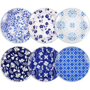 12 Pcs 10 Inch Blue and White Plastic Plate Floral Thickened Blue White Serving Dishes Vintage Heavy Duty Platters Reusable for Dinner Salad Dessert Appetizer, Microwave and Dishwasher Safe