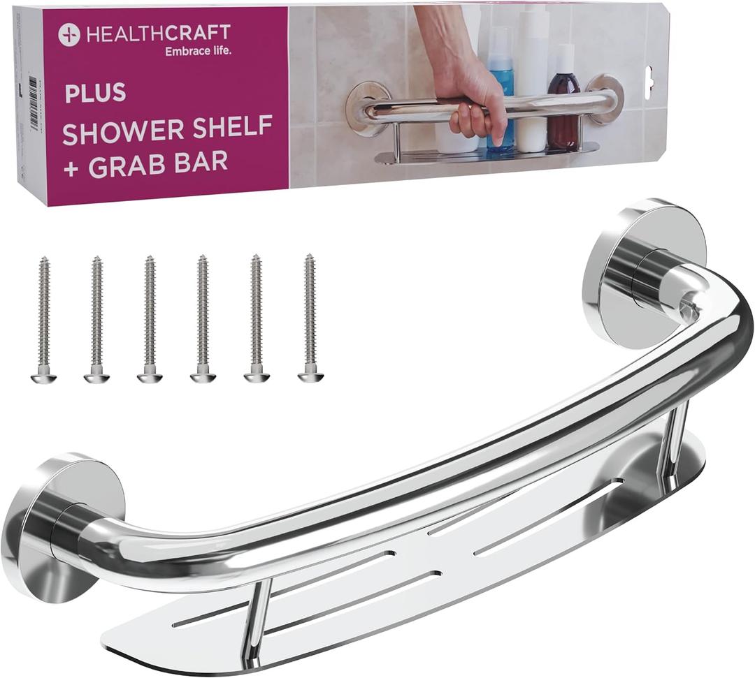 Decorative Grab Bar with Shelf, Plus Shampoo Shelf 19.5 Inch by HEALTHCRAFT, ADA Compliant, Bath and Shower Safety Handle, Wall Mounted Support Bar for Seniors Bathroom in Polished Chrome