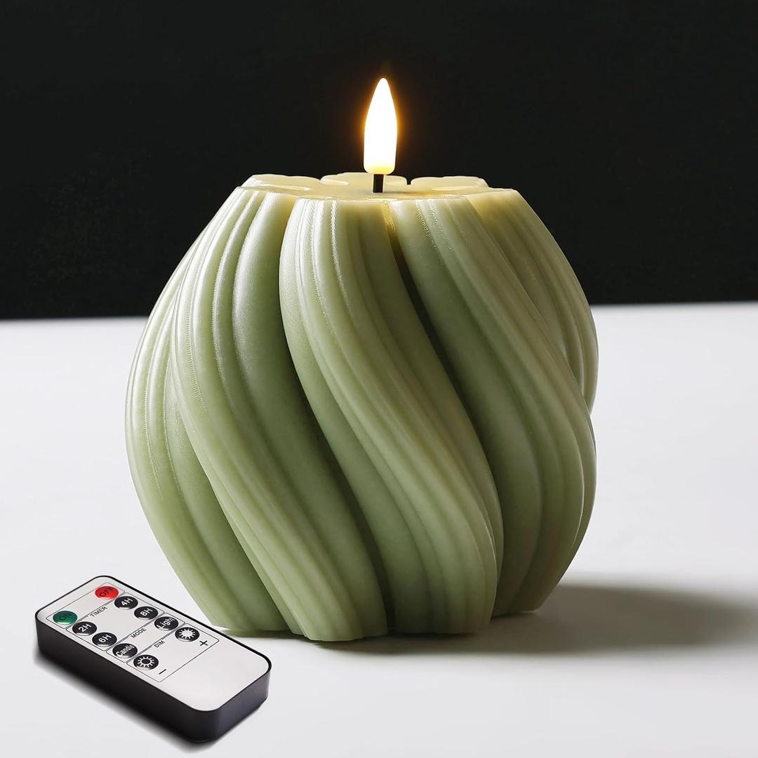 Sage Green Swirl Flameless Candles with Remote, Flickering LED Wax Candle Aesthetic Home Shelf Decor 1 Pack