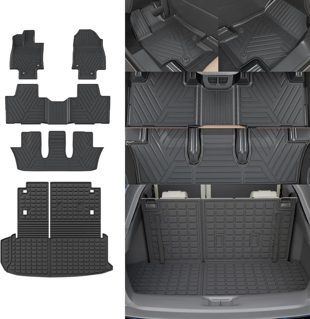 Rongtaod Floor Mats Compatible with 2024 2025 Toyota Grand Highlander Cargo Mat Cargo Liner Trunk Mat Back Seat Cover Protector Grand Highlander Accessories (Trunk Mat with Backrest Mat+Floor Mats) (Floor Mats Full Set(5pcs))