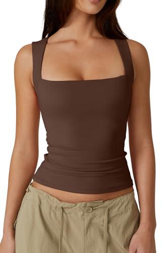 QINSEN Womens Tank Top Sleeveless Square Neck Casual Basic Fitted T- Shirts Brown XS