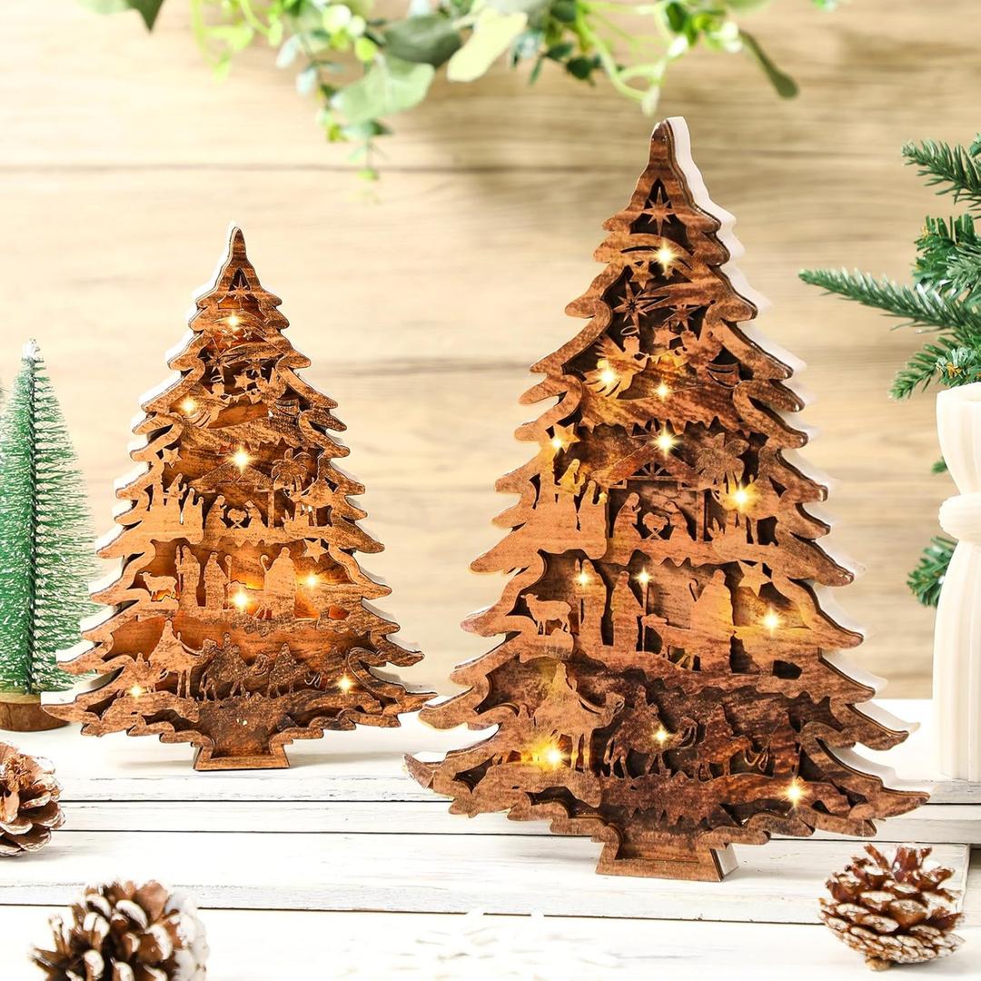 Honoson 2 Pieces Christmas Nativity Scene Table Decor Wooden Christmas Tree Table Centerpieces Rustic Jesus Nativity Set with Light Farmhouse Wood Tree Tabletop Sign for Xmas Home Tiered Decor