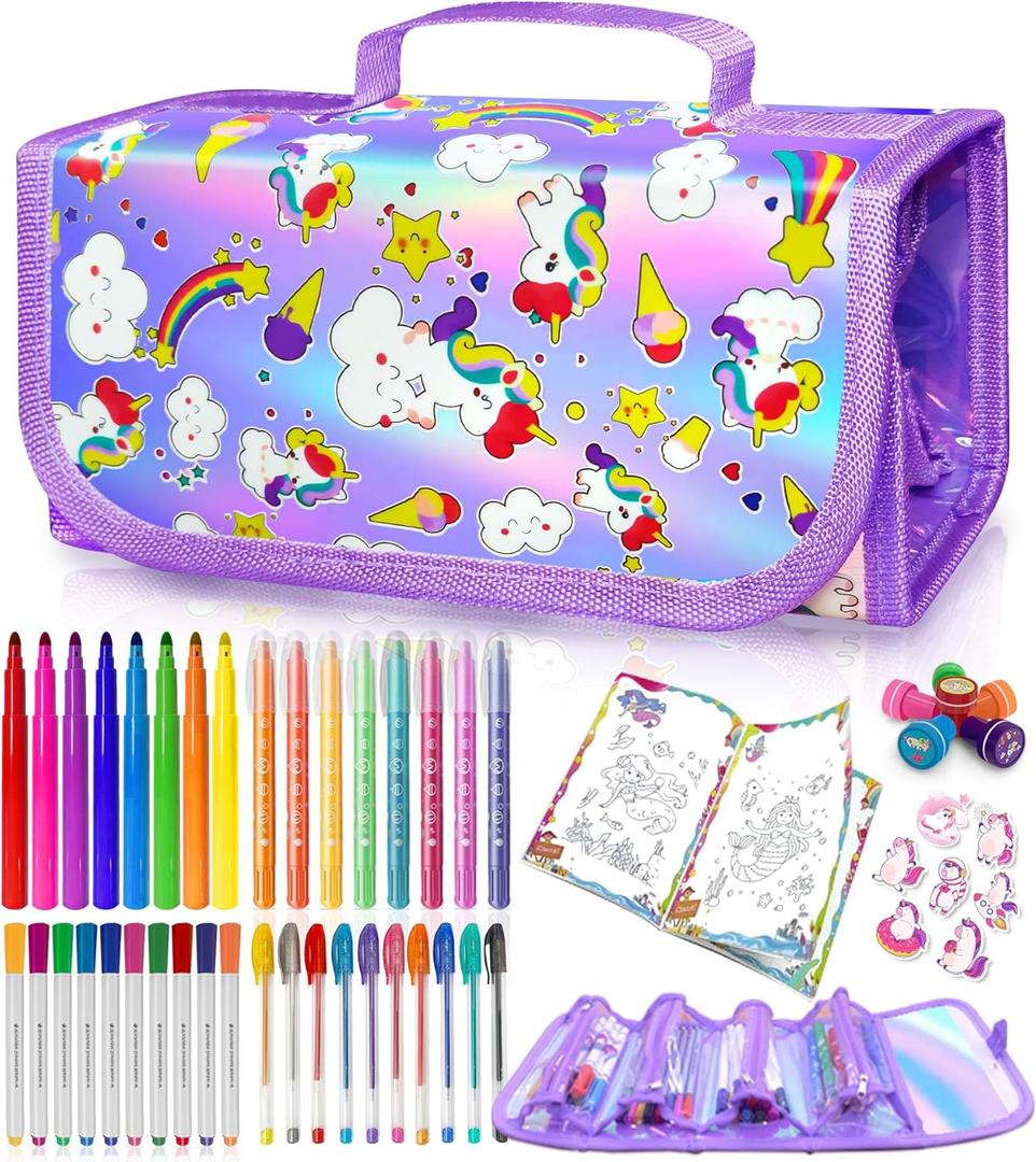 56 PCS Washable Scented Markers with Glitter Pencil Case, Unicorn Arts and Crafts for kids 4-6-8 Kids Coloring Drawing Kits for 4-8 Years Old Girls Xmas Gifts Stocking Stuffers (Purple, Purple)