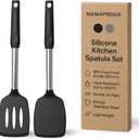 Silicone Spatula Set (2-Pc) - 600F Heat Resistant, BPA-Free, Non-Scratch, Dishwasher Safe I Slotted & Solid Kitchen Spatula Turner I Ideal for Eggs, Pancakes, Fish I Stainless Steel I Black