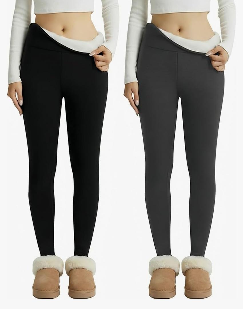 Coume 2 Pcs Fleece Lined Leggings for Women Soft High Waisted Thermal Workout Yoga Pants Women Warm Winter Thick Leggings. L