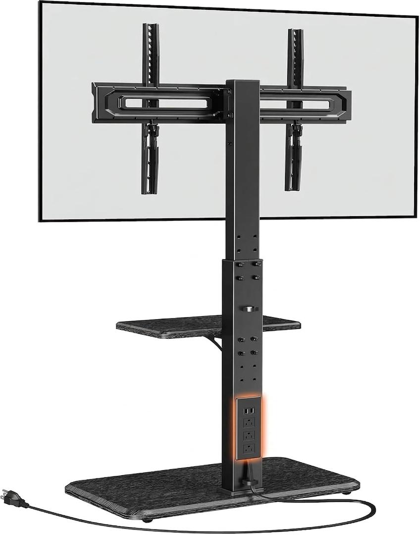 Perlegear Floor TV Stand with Power Outlet, Universal TV Stand for 32-75 inch TVs up to 110 lbs, Height Adjustable Standing TV Mount, Tall TV Mount with Wood Base, Max VESA 600x400mm, PGFS06