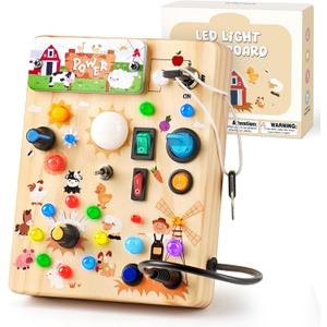 LED Busy Board for Toddlers 1-3, Montessori Toy with Key Switch, Light Up Wood Activity Sensory Board for Fine Motor Skills, Educational Travel Toy Gift for 1 2 3 Year Old Boys Girl（Farm Theme）