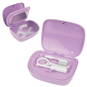 Double Layer Retainer Case with Mirror, Portable Retainer Storage Case, Mouth Guard Case with Removal Tool, Cleaning Brush, Belt Chewing (Purple)