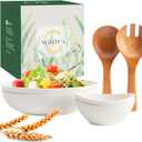 Large Serving Bowls Set 6 Pack- Wheat Straw Salad Bowls 65oz with Wood Salad Servers and 10oz Sauce Bowl- Unbreakable Salad Bowl with Serving Utensils for Party, Family - White