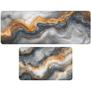 XTCWJS Marble Farmhouse Kitchen Rug 2 Piece Set Abstract Orange White Black Fluid Design Kitchen Rugs Decor Kitchen Floor Mat Set Non-Skid Washable Kitchen Runner Rug 17x30+17x47 Inches