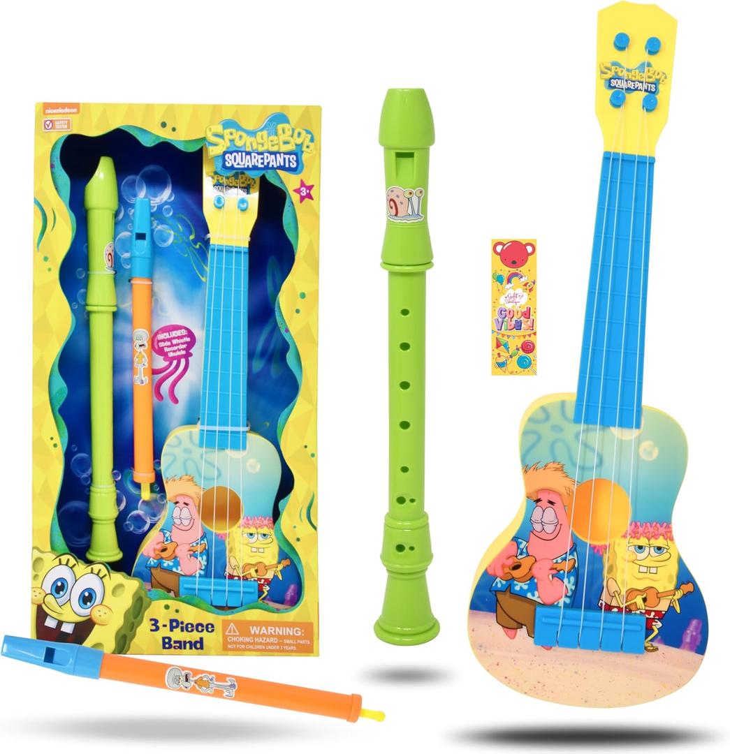 SpongeBob SquarePants Kids Guitar Instruments, 16 Inch Play Ukulele Musical Flute My First Music Instrument Toy Set with Bookmark for Children