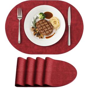 homing Placemats Set of 4, Heat Resistant Oval Faux Leather Place Mats 11.8 x 17 Inch, Waterproof Wipeable Reversible PU Placemat for Kitchen Dining Table, Indoor & Outdoor, Red
