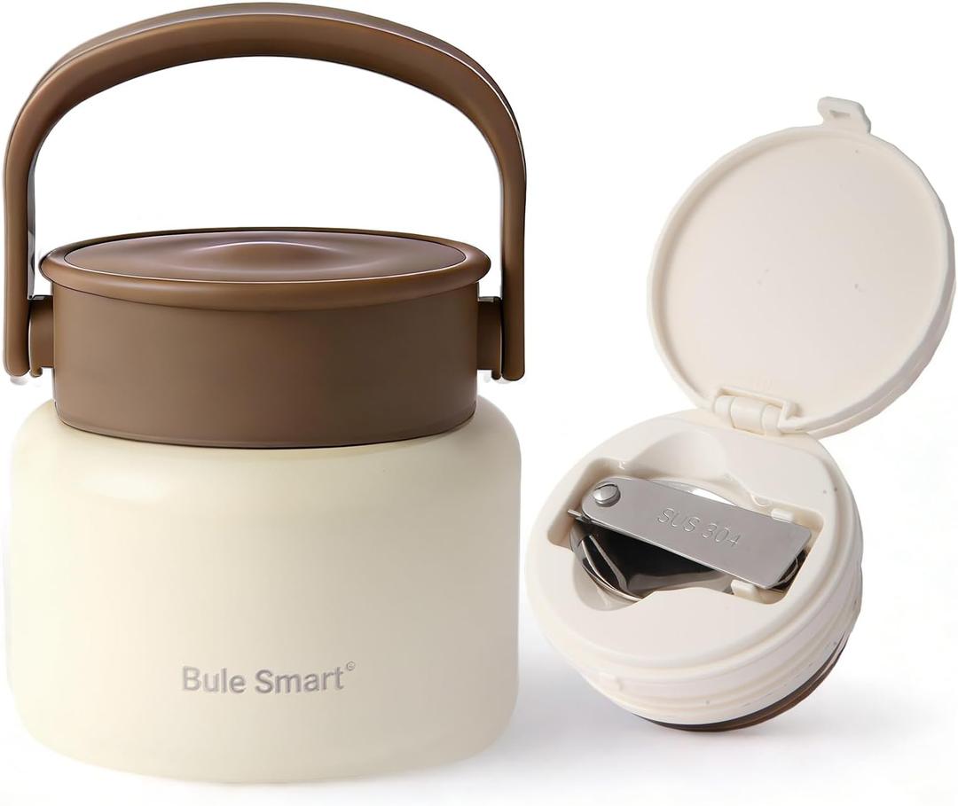 316 Stainless Steel Vacuum Insulated food jar for hot food lunch container, Soup Thermo For Kids/Adults lunch on the go 16 oz white brown