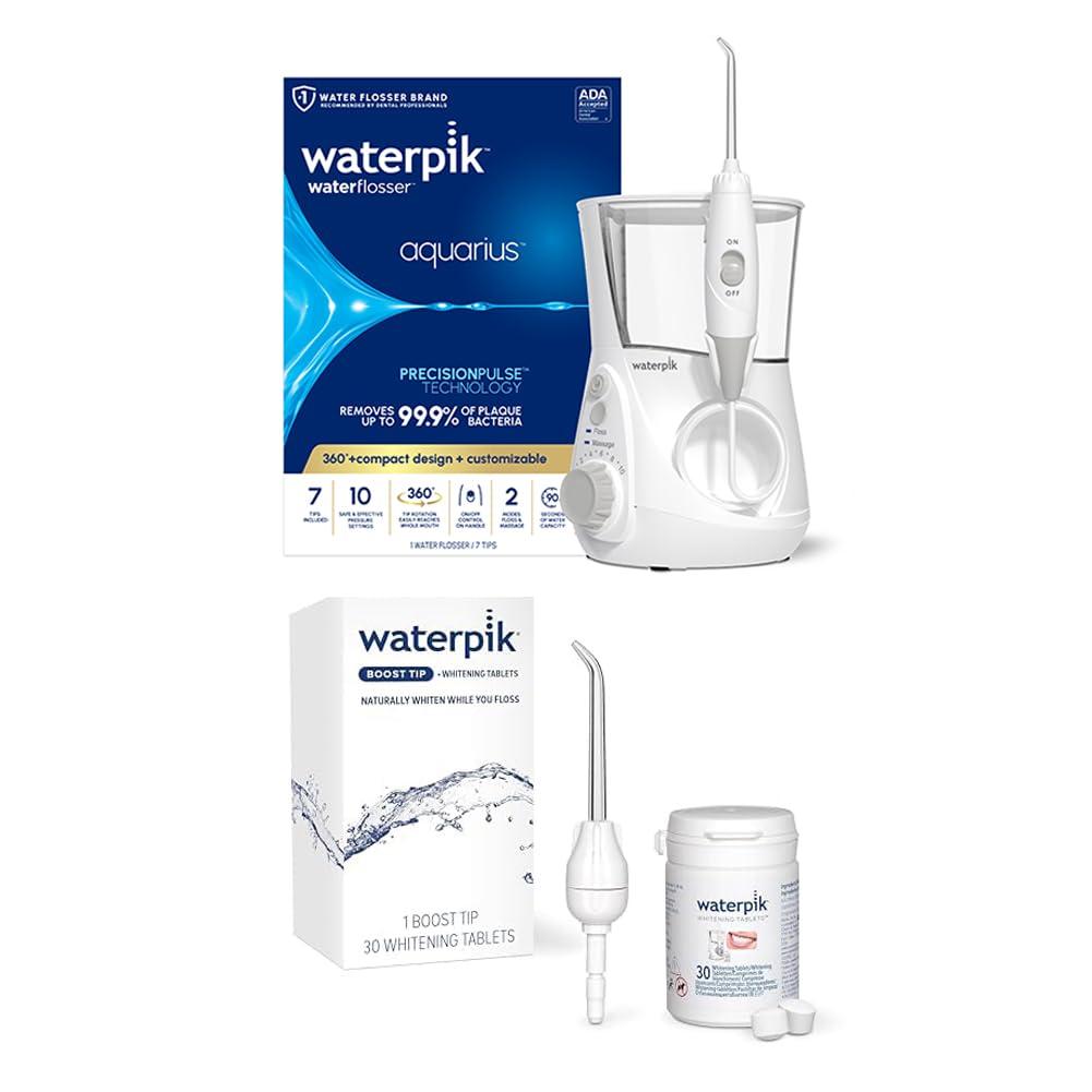 Bundle with Waterpik Aquarius Water Flosser, White WP-660 and Boost Flossing Tip with 30 Whitening Tablets, Electric Dental Countertop Professional Oral Irrigator, Genuine Waterpik Water Flosser Tip