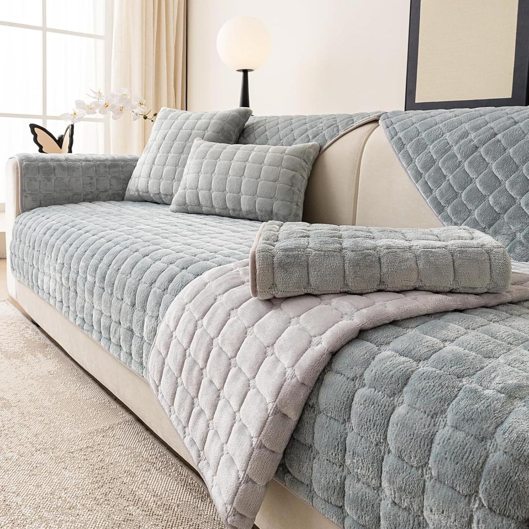 Velvet Couch Cover, Sectional Couch Covers for Sofa, Funny Fuzzy Sofa Covers Pet Friendly, Non-Slip Couch Protector for Dogs & Kids(1PC, Blue Grey, 35.4"83", 3 Seaters)