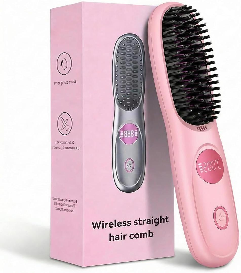 Go Brush Pro,2026 New Cordless Straight Hair Brush, Portable Scald-Proof mini Straight Hair Comb with Three Temperature Settings and LED Display Screen, Quickly Heating Travel Hair Brush (Dark Pink)