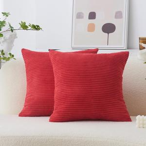 Home Brilliant 24x24 Pillow Covers Set of 2 Striped Plush Velvet Corduroy Euro Throw Pillow Shams Super Soft Cushion Cover for Couch Sofa Floor Decorations, 24 x 24 inch, Red