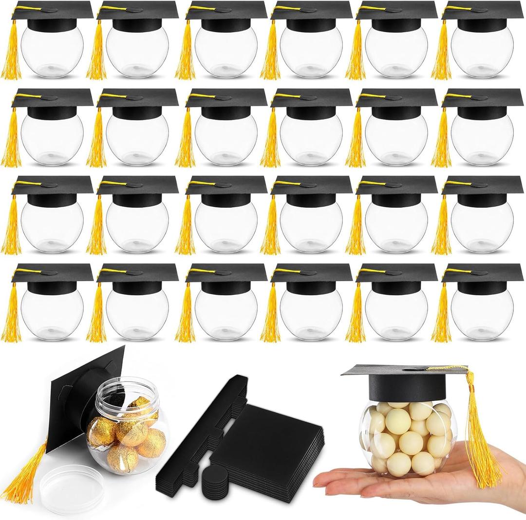 Teenyyou 24 Pcs Gold 2026 Graduation Cap Candy Jars Graduation Party Favors Candy Containers Bulk Grad Cap Box Jars Container with Tassels for DIY Table Party Supply Gifts