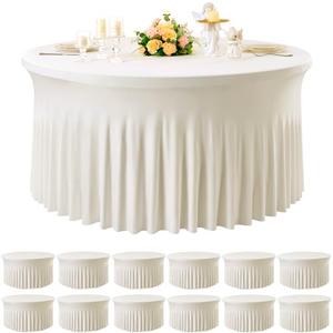 Htper 12 Pack Ivory Spandex Round Tablecloths for 60 inch Table, Wrinkle Free Stretchy 120inch Fitted 5FT Round Table Cloths Cover with Skirt for Wedding Party Dining Banquet