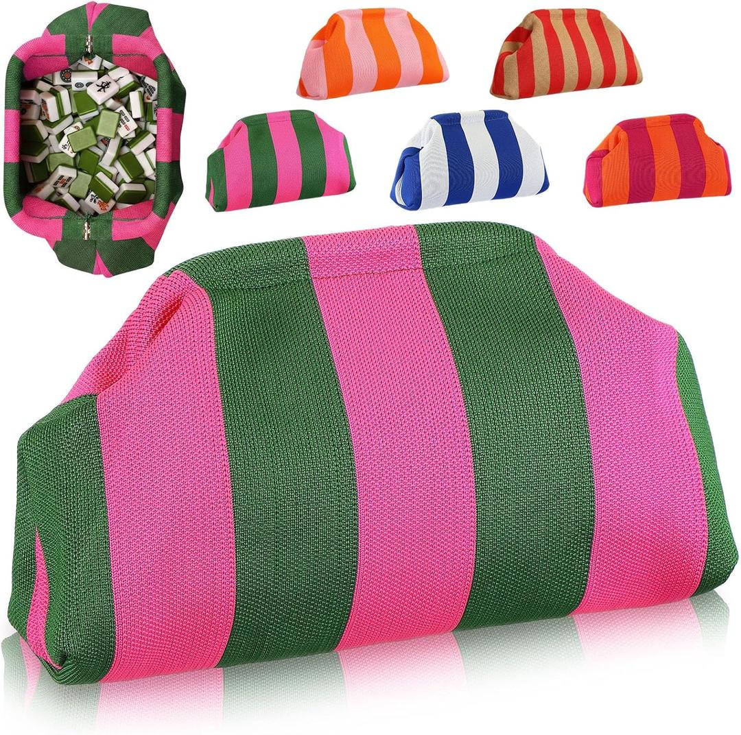 Mahjong Tile Bag Woven Clutch Purses for Women Woven Striped Dumpling Bag Summer Beach Evening Handbag for Mahjong Tile Vacation Supplies(Pink and Green,Thick Lines)