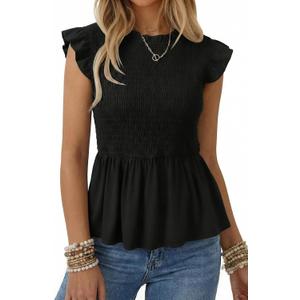 SHEWIN Womens Blouses Peplum Babydoll Summer Tops Ruffle Sleeve Dressy Casual Elegant Ladies Solid Shirts Spring Clothes (Small, Black)