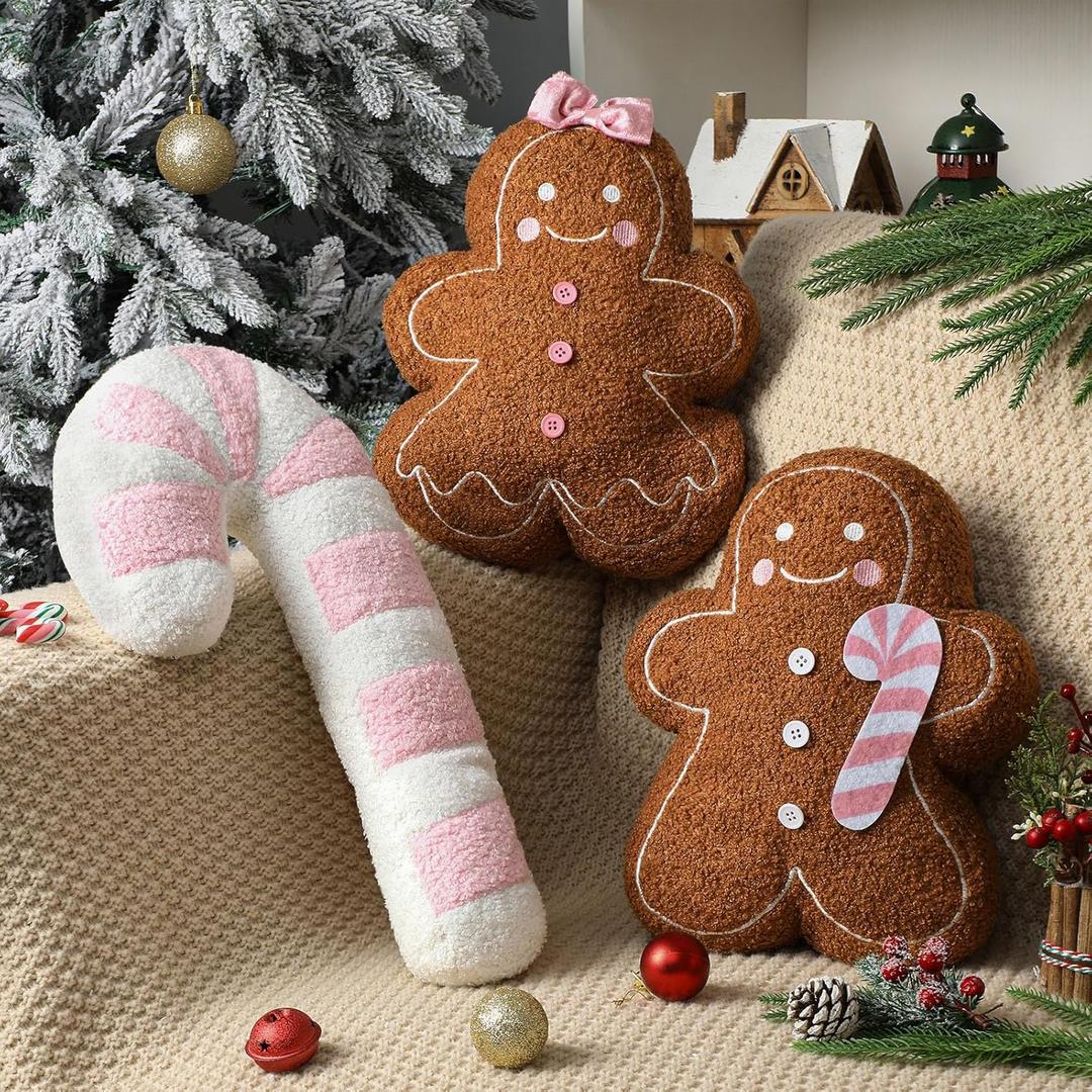 Oudain 3 Pcs Pink Christmas Gingerbread Pillows Pink Candy Cane House Man Throw Pillows Stuffed Gingerbread Shaped Pillow for Xmas Sofa Couch Cushion Bed Home Winter Party Decor