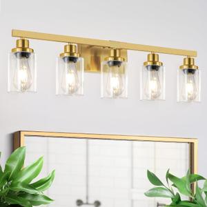 DIKAIDA 5 Light Gold Bathroom Vanity Light, Bathroom Light Fixtures, 31" Modern Brushed Gold Vanity Lighting Fixtures for Bathroom Over Mirror, Gold Sconces Wall Lighting for Bedroom