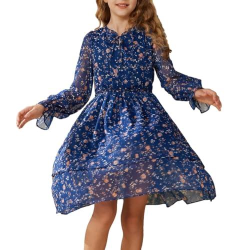 GRACE KARIN Girls Tween Dresses Size 12-14 Fall Dress Party Formal Holiday Long Sleeve Dress for Girl Midi Dress Navy Blue 12Y